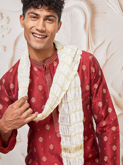 Men's Maroon Silk Blend Kurta, Pant And Dupatta Set